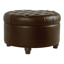 HOMEPOP Round Traditional Wood And Faux Leather Large Storage Ottoman In In Brown
