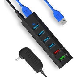 DOLAER USB Hub, 6 Ports Super High Speed USB 3.0 Hub Splitter + 24W Power Adapter + USB 3.0 Cable Smart Fast Charger USB Hub Powered for Laptop, Mac