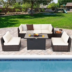 GYMAX 7PCs Patio Rattan Furniture Set Fire Pit Table Cover Cushion