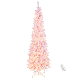 TOPBUY 7Ft Snow Flocked Christmas Tree Pencil Christmas Tree W/300 Led Lights & 8 Lighting Modes for Festival & Party Decoration In Pink