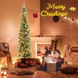 GYMAX 7Ft Pre-Lit Pvc Half Christmas Tree Pine Needle Lamp Tree W/ Branch Tips & Lights