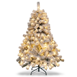 TOPBUY 4.5 Ft Snow Flocked Christmas Tree Pre-Lit Christmas Tree W/295 Branch Tips & 150 Warm Led Lights In White