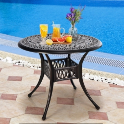 GYMAX 36" Outdoor Round Dining Table Cast Aluminum Patio Bistro Table W/ Umbrella Pole