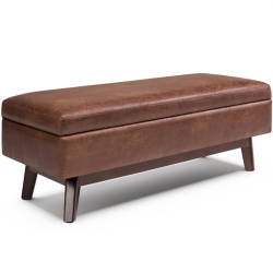 SIMPLI HOME Owen 48" Faux Leather Mid Century Storage Ottoman In Saddle In Brown