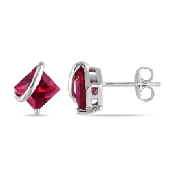 GEM AND HARMONY 2.30 Carat (Ctw) Princess Cut Lab-Created Ruby Earrings In Sterling In Silver
