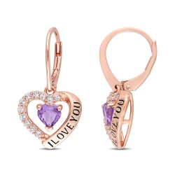GEM AND HARMONY 1.46 Carat (Ctw) Amethyst & Topaz - I Love You - Heart Earrings In Rose Plated Silver In White
