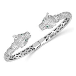 GEM AND HARMONY Lioness Head Cuff Bangle Bracelet In Sterling With Cubic Zirconia (Cz)S In Silver