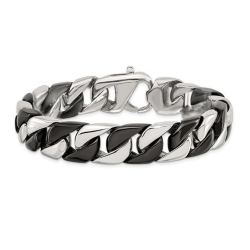 GEM AND HARMONY Mens Black And Stainless Steel Curb Link Bracelet (8.75 Inches) In White