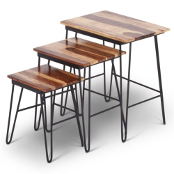 STEVE SILVER COMPANY Tristan 3 Piece Nesting Table Set In Sheesham Wood With Black Metal Base In Brown