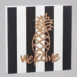 ROMAN 10.5" Black And Striped Pineapple Welcome Laser Cut Square Wall Plaque In White