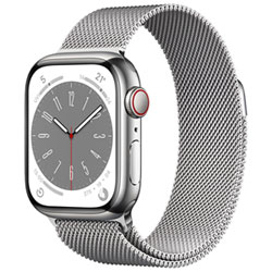 Apple Watch Series 8 41 Mm (Gps + Cell) En Acier Inoxydable Argenté Et Bracelet Milanais Argenté De Rogers - P/m - Financement Mensuel