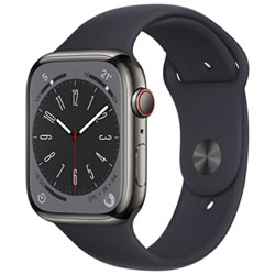 Apple Watch Series 8 45 Mm (Gps + Cell) En Acier Inoxydable Graphite Et Bracelet De Sport Minuit De Rogers - M/g - Financement Mensuel