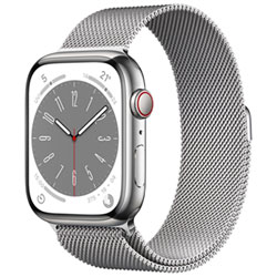 Apple Watch Series 8 45 Mm (Gps + Cell) En Acier Inoxydable Argenté Et Bracelet Milanais Argenté De Rogers - M/g - Financement Mensuel