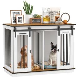 PAWHUT 47In Dog Crate Furniture \w Divider Panel, Wooden Dog Kennel Tv Stand for Large Breeds, Pet House Side Table for 2 Small Breeds \w 2 Rooms