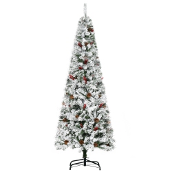 HOMCOM 6 Ft Pencil Snow Flocked Artificial Christmas Tree With Pine Realistic Branches, Pine Cones Berries, Auto Open, Green In Red