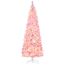 HOMCOM 7.5 Foot Prelit Snow Flocked Artificial Christmas Tree With Pencil Shape, Pine Realistic Branches, Warm Led Lights, Auto Open, Pink And