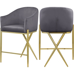 MERIDIAN FURNITURE Xavier Velvet Counter Stool With Gold Metal Legs In Gray