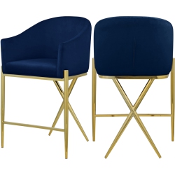 MERIDIAN FURNITURE Xavier Navy Velvet Counter Stool With Metal Legs In Gold