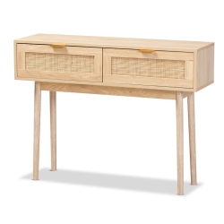 BOWERY HILL Light Oak Finished Wood And Rattan 2-Drawer Console Table In Brown
