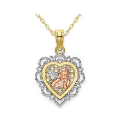 GEM AND HARMONY 10K Tri-Color Angel Heart Pendant Necklace With Chain In Gold