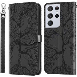 QUALITY CELLULAR Premium Pu Leather Embossed Tree Wallet Phone Case With Card Slots And Wrist Strap for Samsung Galaxy S21 Ultra Sm-G998