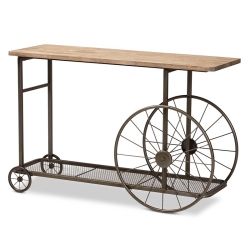 BOWERY HILL Natural Finished Wood And Finished Metal Wheeled Table In Black
