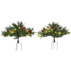 HOMCOM 1.5 Foot/16 Inch 2 Pack Prelit Artificial Christmas Tree Cordless \w 69 Branches, Warm White Led Lights Berries, Pine Cones, for Outdoor