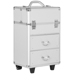 HOMCOM Aluminum Rolling Makeup Train Case, Portable Professional Cosmetic Makeup Case, Lockable Traveling Cart Trunk \w Folding Trays, Swivel Wheels