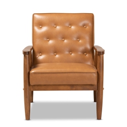 BOWERY HILL Faux Leather Upholstered And Walnut Finished Wood Lounge Chair In Tan