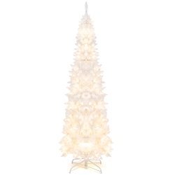 COSTWAY 7Ft Pre-Lit Hinged Pencil Christmas Tree W/ 300 Led Lights & 8 Flash Modes In White