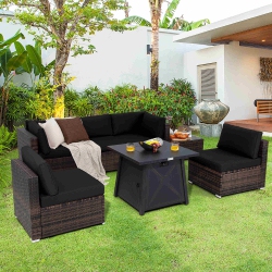 COSTWAY 7PCs Patio Rattan Furniture Set Fire Pit Table Cover Cushion