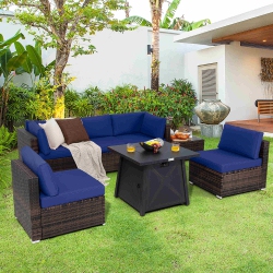 COSTWAY 7PCs Patio Rattan Furniture Set Fire Pit Table Cover Cushion