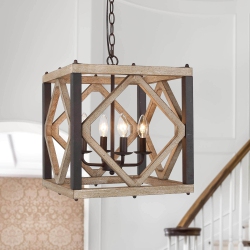LNC Farmhouse 4-Light Unique Wood Square Chandelier Lantern Pendant Lights