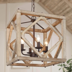 LNC Farmhouse 4-Light Antique Wood Square Chandelier for Dining Room