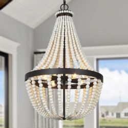 LNC Coastal 4-Light Wood Beads Empire Chandelier for Dining Room In White