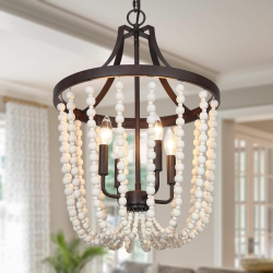 LNC Modern Farmhouse 4-Light Wood Beads Lantern Chandelier for Dining Room