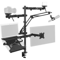 DOLAER All-In-One Computer Studio Desk Mount, Mic Boom, Dual Monitor Mount Up to 32 Inches, Laptop Stand, Livestream Arms Compatible \w Cameras