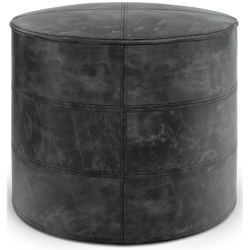 TRENT HOME Boho Round Pouf In Distressed Genuine Leather In Black