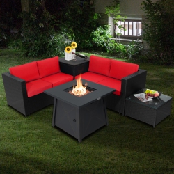 TOPBUY 5-Piece Outdoor Patio Furniture Set \w 50, 000 Btu Propane Fire Pit Table Patio Pe Wicker Conversation Set \w Cushions Storage Box And Tempe