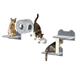 PAWHUT Cat Wall Shelves, 4 Piece Cat Wall Furniture With Condo, Scratching Post, Platforms, 3 Steps for Relaxing, Climbing, Sleeping In Grey
