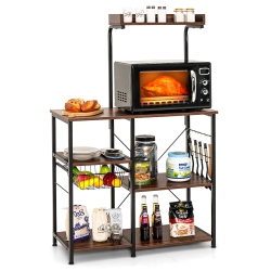 COSTWAY 4-Tier Vintage Kitchen Baker's Rack Utility Microwave Stand W/ Basket & 5 Hooks