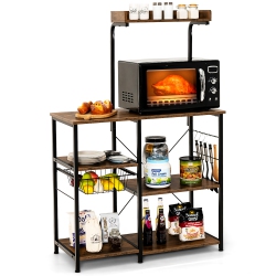 COSTWAY 4-Tier Vintage Kitchen Baker's Rack Utility Microwave Stand W/ Basket & 5 Hooks