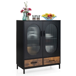 COSTWAY Kitchen Storage Cabinet Freestanding Buffet Sideboard W/ 2 Glass Doors & Drawers