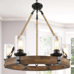 LNC Farmhouse 6-Light Wagon Wheel Solid Wood Rustic Chandelier for Dining Room