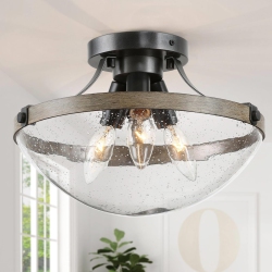 LNC 3-Light Modern Cage Semi-Flush Mount Light With Seeded Glass Shade