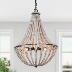 LNC 3-Light Boho Lantern Candle Chandelier With Wood Beads