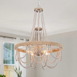 LNC 4-Light Boho Lantern Chandelier With Wood Beads