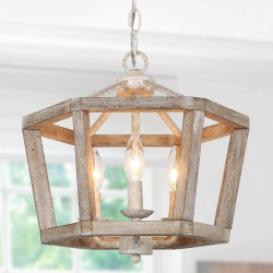 LNC 3-Light Lantern Cage Wood Chandelier