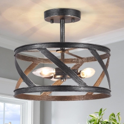 LNC Modern 3-Light Drum Speckled Semi Flush Mount In Black