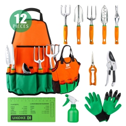 UKOKE Garden Tool Set, 12 Piece Aluminum Hand Tool Kit, Garden Canvas Apron \w Storage Pocket, Outdoor Tool, Heavy Duty Gardening Work Set \w